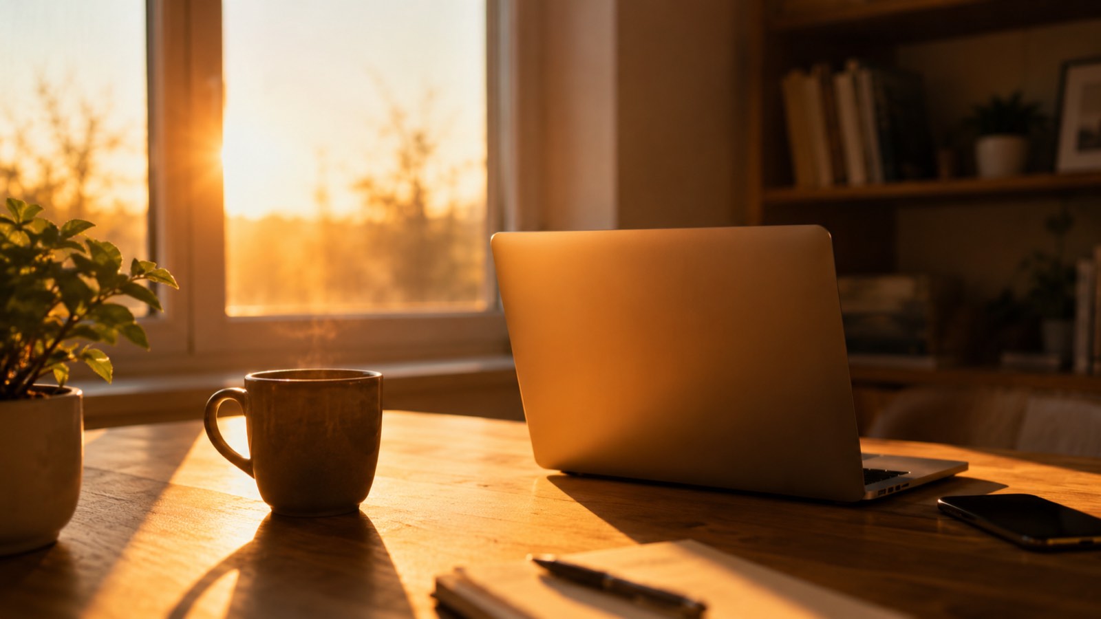 A warm, sunlit desk at dawn — a laptop, a coffee, a quiet morning